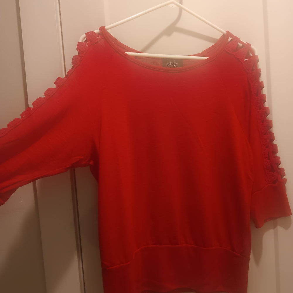 by & by Women's Red Sweater with Shoulder Lace